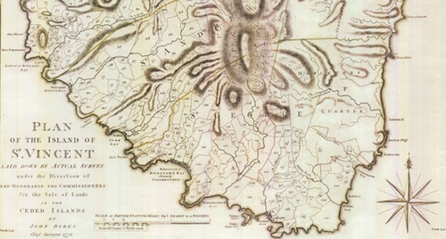 John Byres, Plan of the Island of St Vincent laid down by actual survey under the direction of the Honorable Commissioners for Sale of Lands by John Byres (London: S. Hooper, 1776). Courtesy Map Collection, The British Library, London, Maps K.Top.123.95.a.b.2. John Byres, "Plan of the Island of St Vincent laid down by actual survey under the direction of the Honorable Commissioners for Sale of Lands by John Byres (London: S. Hooper, 1776). Courtesy Map Collection, The British Library, London, Maps K.Top.123.95.a.b.2.